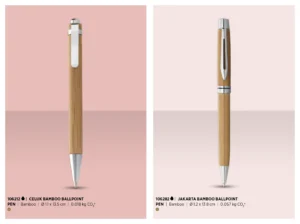Two examples of eco-friendly ballpoint pens. They feature a bamboo barrel with silver accents.