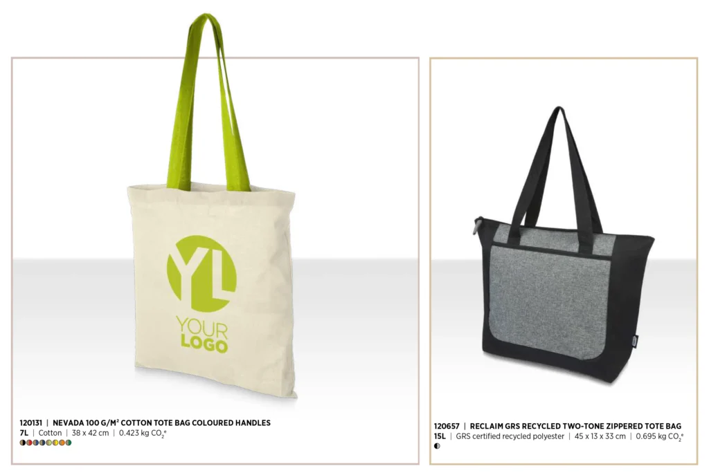 Examples of two styles of branded tote bags. One is white cotton tote with green handles and custom logo. The second example is a two-tone zip tote with grey front and black accents.
