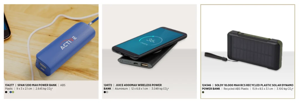 Examples of three different power banks. A slim, compact power bank, a wireless charging version with a with phone in use, and a rugged-style solar power bank.