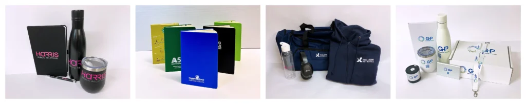 Three examples of custom merch packs, including colourful notebook sets, and a welcome pack with drinkware and tech accessories.